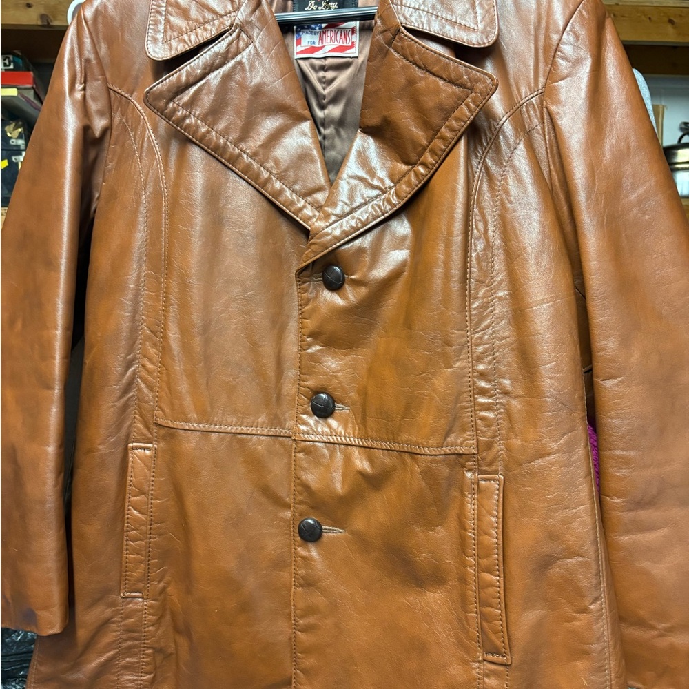 Vintage 70s DeLong 44 Brown Cowhide Leather Jacket Coat Western Back Belt Y2K